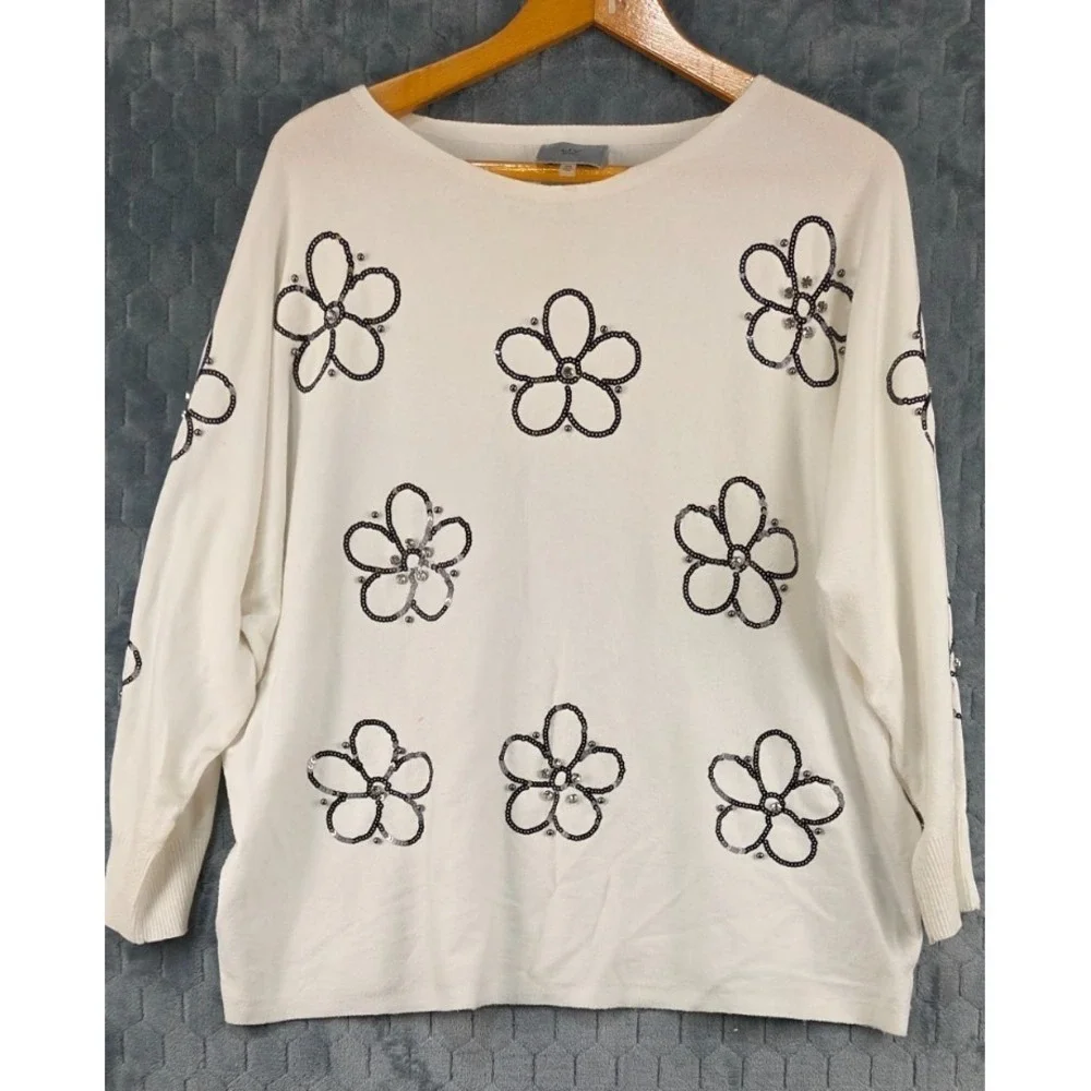 LIV Milano Cream Sweater Black Sequin Flowers‎ Sz 2XL Rhinestone Holiday Whimsy